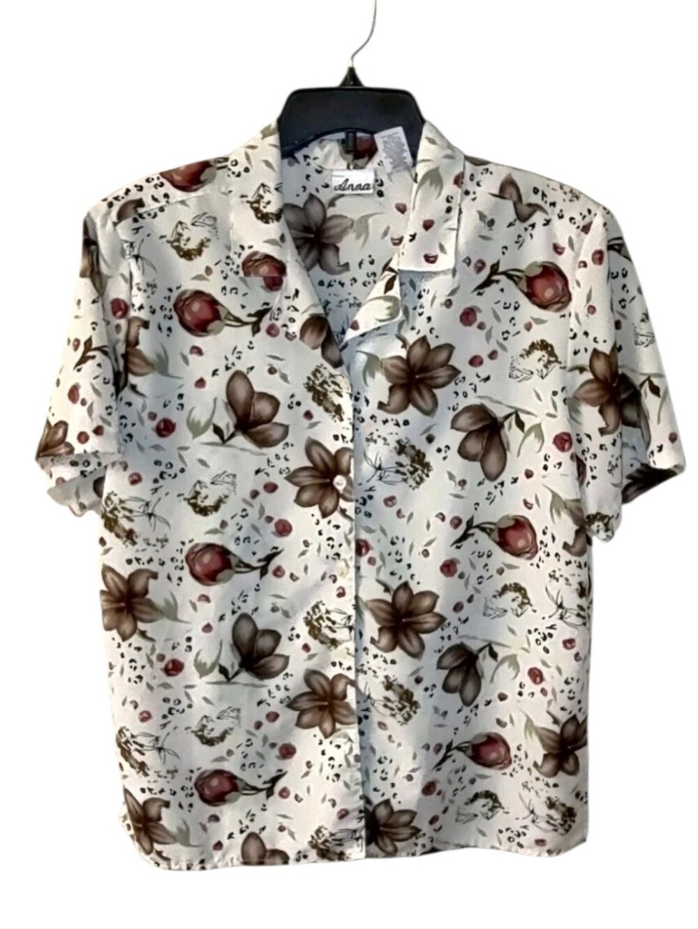 Vintage Anna Floral Short Sleeve Button Up Shirt Blouse Top Womens Large Boho L